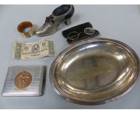 Victorian cased glasses, pin cushion in the form of a shoes, compact and a Confederate 1 Dollar note
