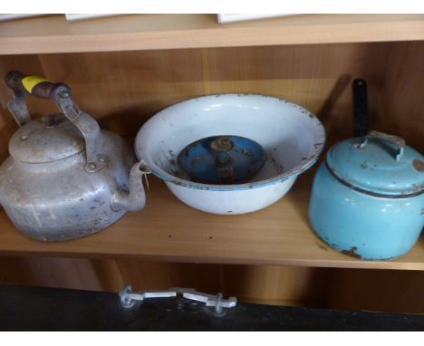 Judgeware blue enamel cooking pot, enamel mixing bowl, enamel candlestick holder and a galvanised kettle