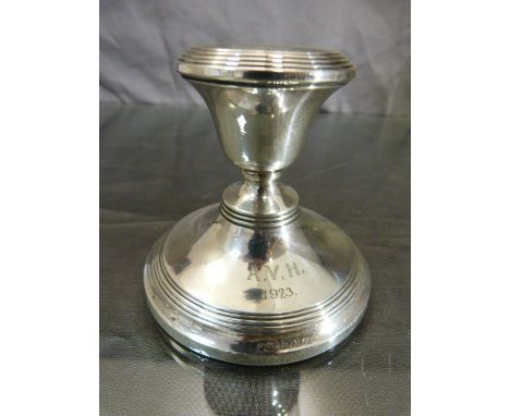 Silver hallmarked candlestick holder, Birmingham 1922. Monogrammed for the Axe Vale Hunt 1923 (local interest).40`6