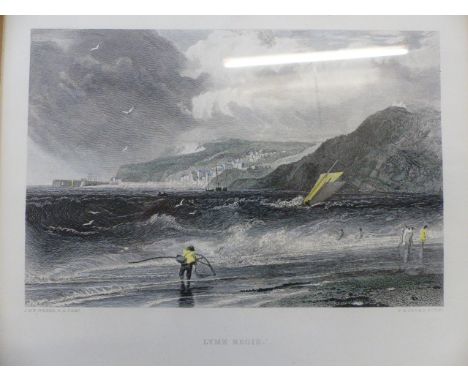 A tinted Lithograph of Lyme Regis (J.M.W. Turner R.A) tinted with Blue and yellow depicting the Cobb and town
