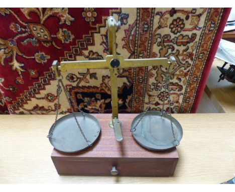 Set of Continental Chemists scales mounted onto box with weights in drawer