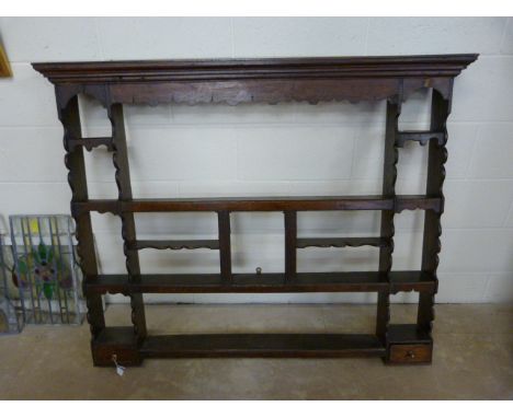 Mid 18th Century open back hanging Delph plate rack with fitted interior and two small spice drawers
