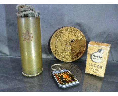 Trench Art with devonshire Regiment plaque, A United States Recruiting Command Plaque, Shell Motor Oil Keyring etc