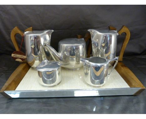 Picquot Ware - Six piece stainless steel and teak handled coffee and tea service on original tray.