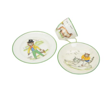 Louis Wain for Paragon trio, comprising cup 'Going to Market', saucer 'Off for a ride' and side plate 'In the Park'