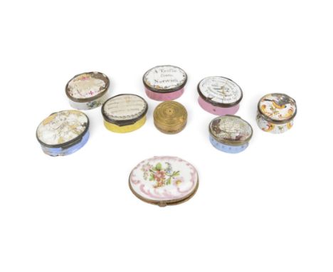 Collection of Georgian enamel patch boxes and similar, to include 'A Trifle From Norwich' example, some examples probably by 