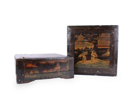 Pair of late 19th century Chinese lacquered boxes, of square form, each painted with figural scenes to cover and sides, H15cm