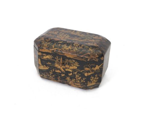 Late Georgian black Japanned chinoiserie tea caddy, of rectangular canted form, decorated in gilt with a waterside landscape 