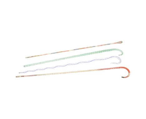 Four Victorian glass walking canes, to include two 'frigger' examples, one with blue twist design and two 'hundreds and thous