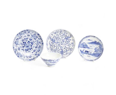 18th century and later Chinese blue and white porcelain comprising a saucer decorated with a farmer and buffalo in a mountain