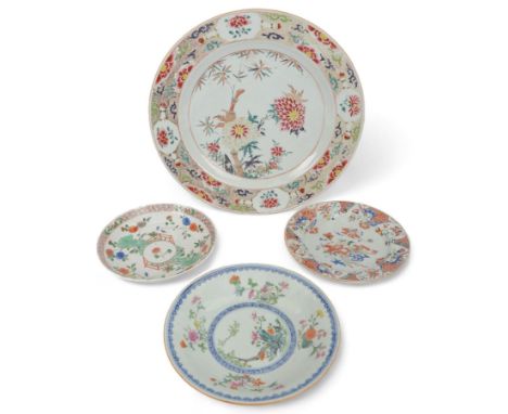 Chinese Famille Rose charger, decorated in polychrome enamels with bamboo and floral decoration, together with three Chinese 