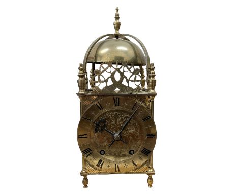 English - 20th century 8-day lantern clock in period 18th century style, square brass case surmounted by a domed bell, with a