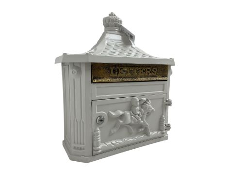 Traditional design wall post box, tile roof, hinged box with mounted jockey and horse, canted uprights and metal 'Letters' si