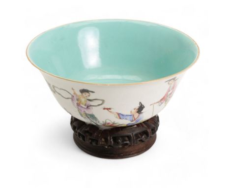 Chinese porcelain famille rose bowl, depicting female figures in a boat, one female seated offering a Lingzhi and a seated fe