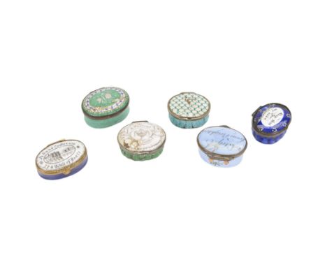 Six Georgian enamel patch boxes, to include 'A Trifle From Brighton' example and a 'Keep For My Sake' cobalt blue example, so