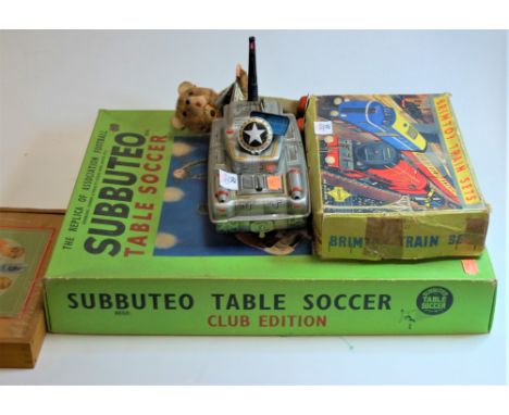 A boxed Subbuteo table soccer club edition game together with a boxed Brimtoy train set, tinplate army tank etc