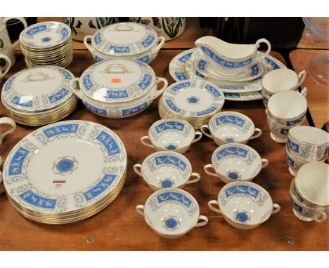 A Coalport Revelry pattern 6-place setting dinner and tea service to include pair vegetable tureens and covers. Light signs o
