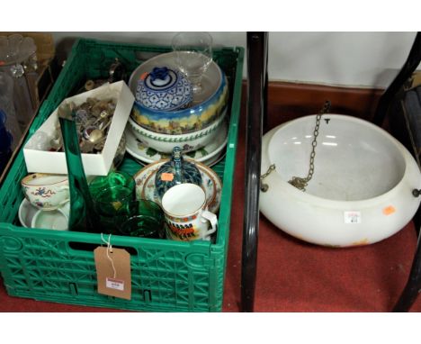 A box of mixed china and glass including Mdina glass vase, mixed Portmeirion, souvenir spoons, plated teapot etc