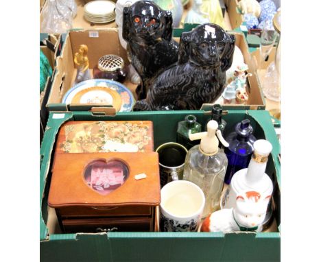 Two boxes of mixed sundries to include Staffordshire style dogs, Wade Bells Whisky decanter, etc