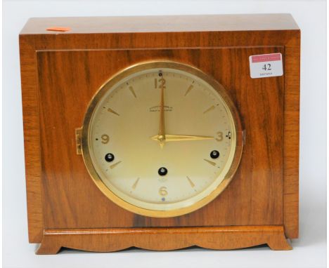 An Art Deco period Elliott walnut cased mantel clock, with Westminster chiming movement, h.23cm