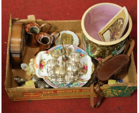 A box of mixed sundries to include mantel clock, various plated wares, Royal Albert Country Roses plate etc