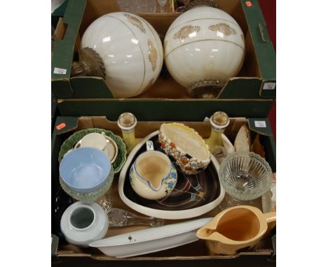Two boxes of mixed china ware to include Sylvac vase, and two globular light fittings