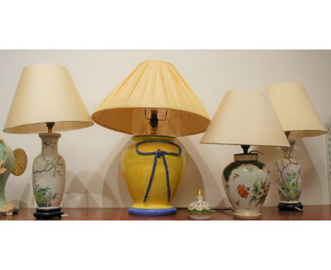 A pair of Chinese porcelain table lamps, each enamel decorated together with a converted Dresden porcelain vase and cover as 