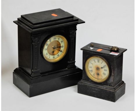 A circa 1900 black polished slate mantel clock, height 30cm together with one other smaller example (2)