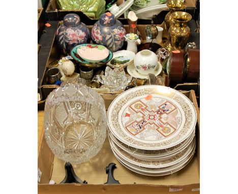 Two boxes of mixed china, glassware, etc, to include Swarovski flower, Spode collectors plates etc