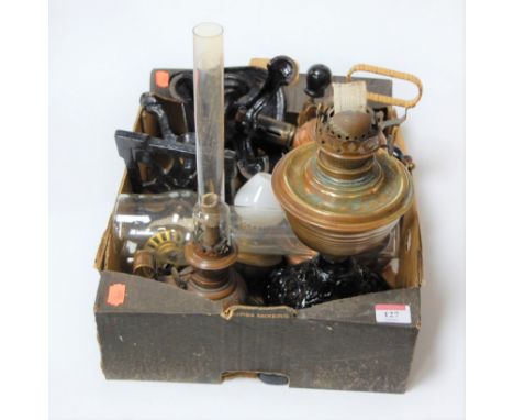 A mixed lot to include oil lamp, paraffin powered chamber stick, various lamps, blowtorch, copper field kettle with burner et