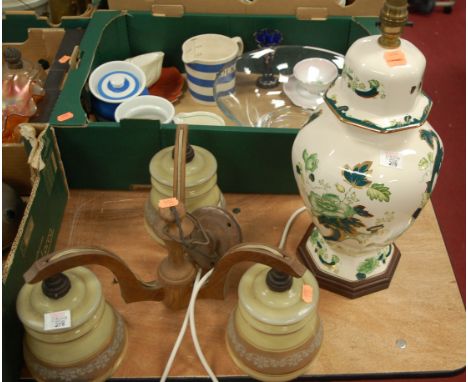 One box containing glassware and ceramics to include TG Green Cornish ware, Masons table light, and a three branch ceiling pe