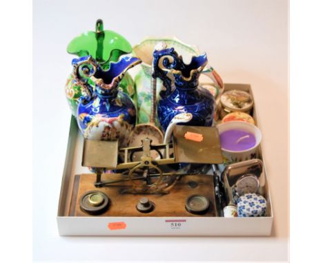 A small collection of miscellaneous items, to include Post Office scales and weights, travel clock, trinket jars etc