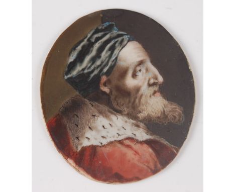 18 th century English school – Head &amp; shoulders portrait of a bearded elderly gentleman wearing a blue turban and ermine 