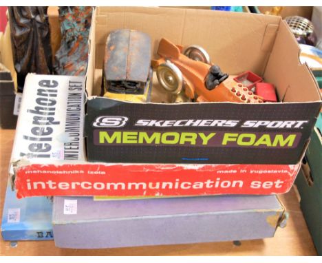 A box of toys to include Corgi Toys (a/f), Bayko building set, and other boxed games