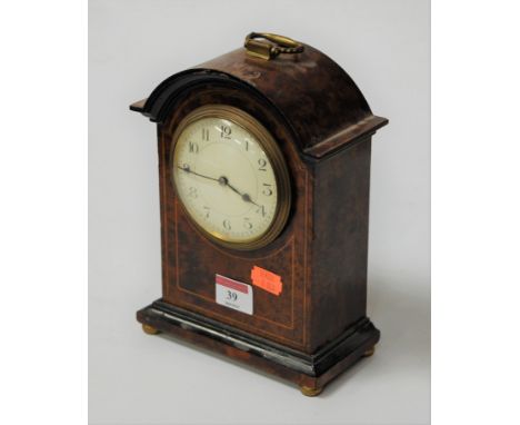 A burr walnut and boxwood strung dome topped mantel clock, with brass cylinder movement, h.22cm