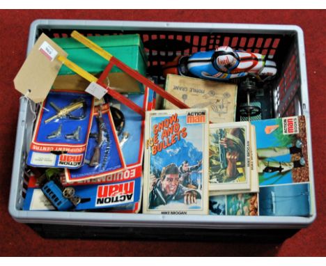 One box of toys containing various Action Man accessories, Britains horse roller, various tin plate toys etc