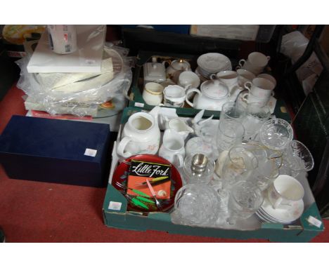 Two boxes of assorted household china and glass to include commemorative teapot