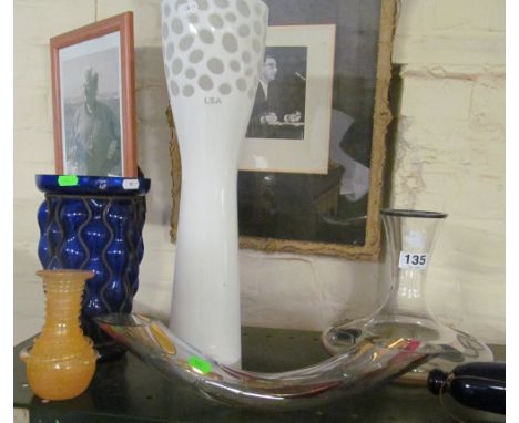 A LSA blue glass and metal vase, rolling pin and other glass