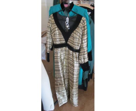 A Vintage Jean Varon black and gilt long dress Size 14 and a Nina Ricci 'Boutique' green dress with velvet collar Size 40