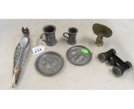 Two pewter dishes, two mythical creatures, two miniature tankards, brass peacock, opera glasses, pen holder and cheroot stick