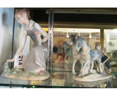 A Lladro figure girl and three other figure groups
