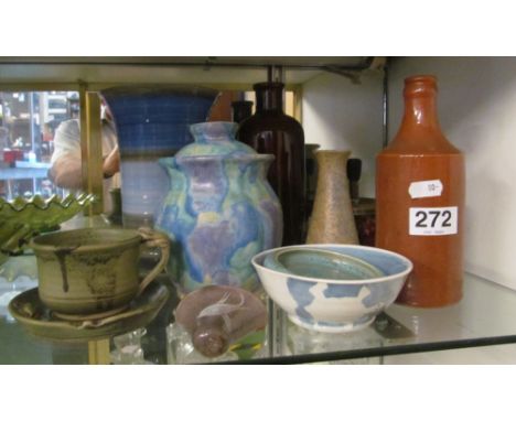 A selection of studio pottery and a Shelley vase