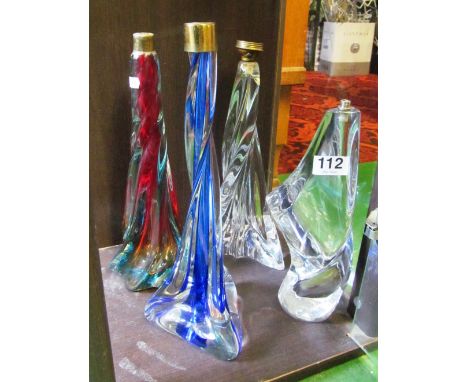 Four French crystal lamp bases (one a/f) small clear one 11"others 13.5",13" and 12.5"large clear one damaged at top