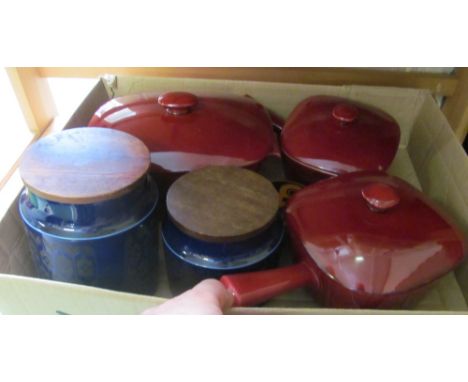 A set of vintage Danish Rorstrand ceramic pans and Hornsea storage jars