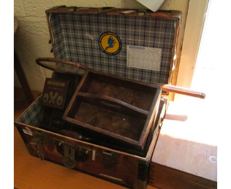 A tuck box, two wooden trays, drill etc