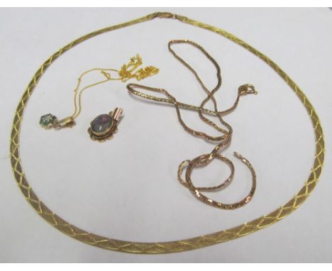 A 9ct gold chain with opal doublet pendant, a 9ct gold necklace and 9ct gold pendant on a chain 12.3g all in