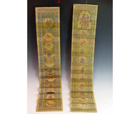 TWO VINTAGE INDIAN BAMBOO CONCERTINA FOLD SCROLL PANELS DECORATED WITH TRADITIONAL SCENES.