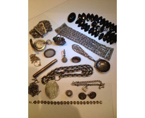 A Collection of Jewellery; including two silver filigree bracelets, a French jet necklace (broken), a smoky quartz and hardst