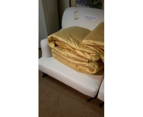 One pair silk triple pleat curtains, gold colour - each gathered to 99 cm across top (hooks fixed), 252 cm long, 258 cm wide 