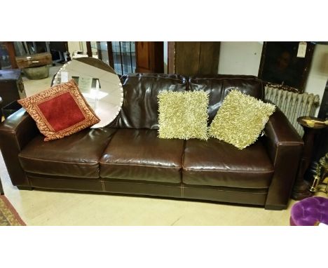 Three seater brown leather sofa with contrast stitching